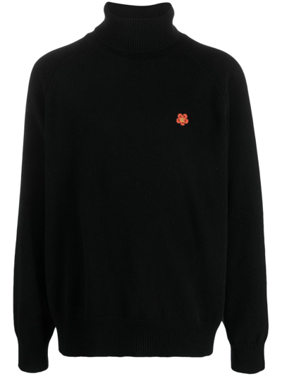 Shop Kenzo Wool Turtleneck Sweater With Boke Flower In Black