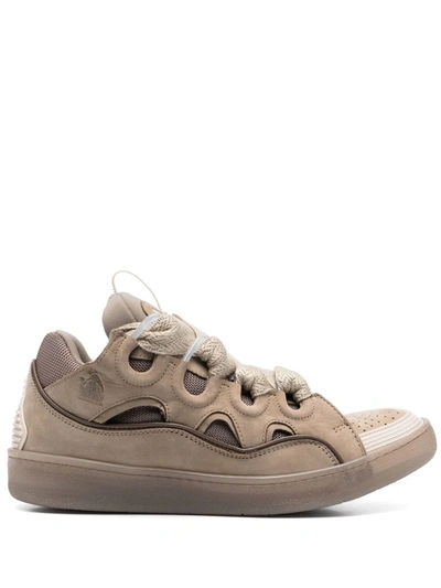 Shop Lanvin Men Leather Curb Sneakers In Taupe