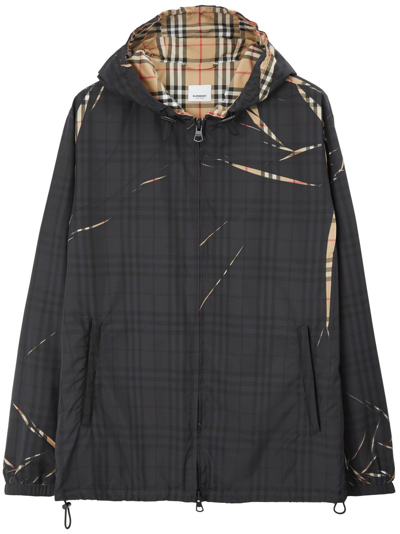 Shop Burberry Sliced Check Hooded Jacket In Black