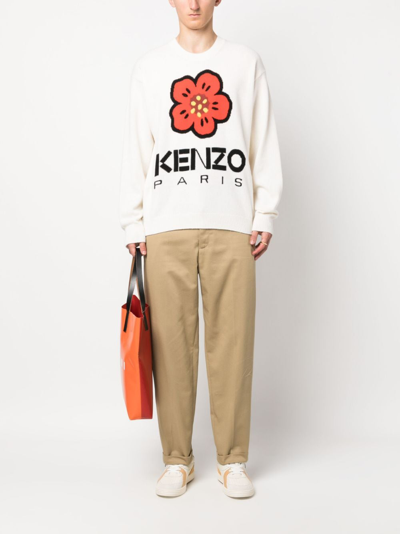 Shop Kenzo Straight-leg Cotton Trousers In Nude