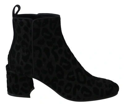 Dolce & Gabbana Black Leopard Short Boots Zipper Shoes In Black