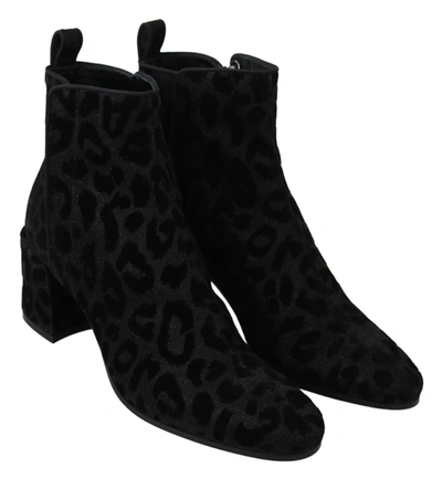 Dolce & Gabbana Black Leopard Short Boots Zipper Shoes In Black