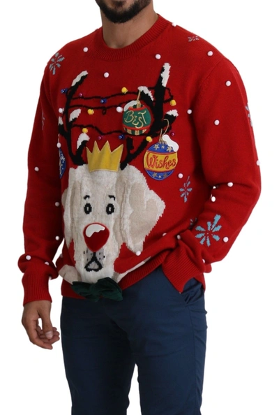 Dolce & Gabbana Red Christmas Dog Pullover Cashmere Sweater In Red
