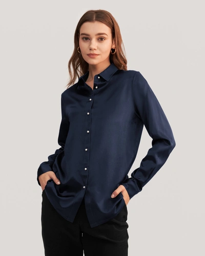 Lilysilk Classic Imitation Pearl Button Silk Shirt In Blue