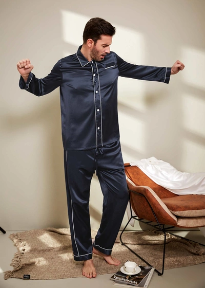 Shop Lilysilk Men's 22 Momme Unique Silk Pajamas Set With Double Row Pipping In Blue