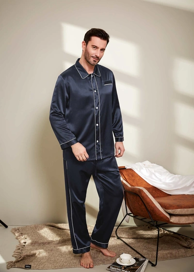 Shop Lilysilk Men's 22 Momme Unique Silk Pajamas Set With Double Row Pipping In Blue
