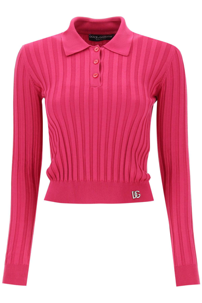 Shop Dolce & Gabbana Long-sleeved Polo Shirt In Ribbed Knit In Lampone (fuchsia)