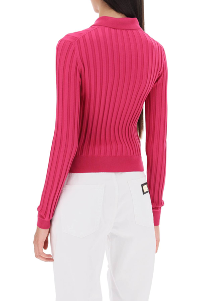Shop Dolce & Gabbana Long-sleeved Polo Shirt In Ribbed Knit In Lampone (fuchsia)