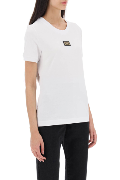 Shop Dolce & Gabbana T-shirt With Logoed Metal Plaque In Bianco Ottico (white)