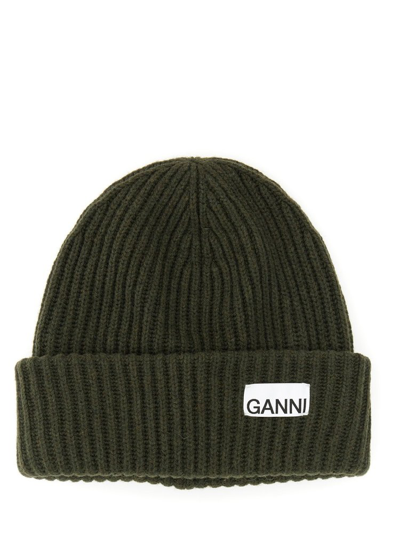 Shop Ganni Logo Patch Oversized Beanie In Green