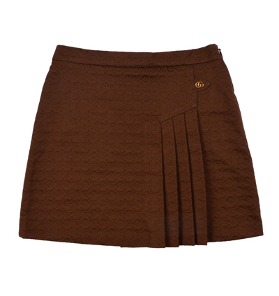 Shop Gucci Kids Logo Plaque Pleated Skirt In Brown