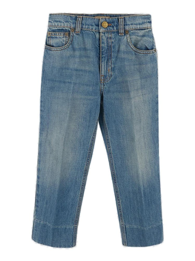 Shop Gucci Kids Logo Patch Straight Leg Jeans In Blue