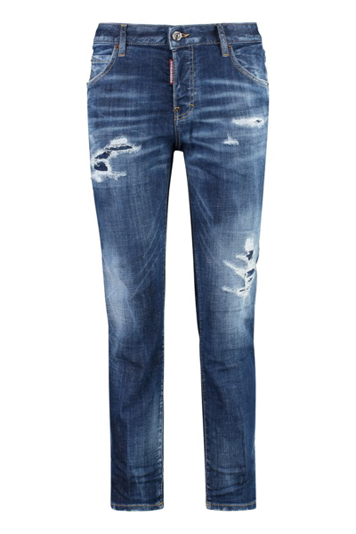 Shop Dsquared2 Mid Rise Distressed Skinny Jeans In Blue