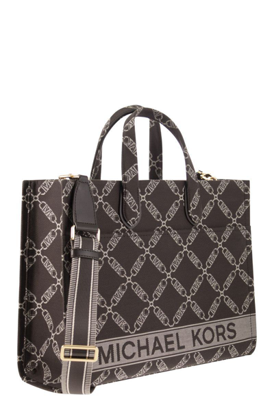 Shop Michael Kors Gigi - Empire Jacquard Logo Tote Bag In Chocolate