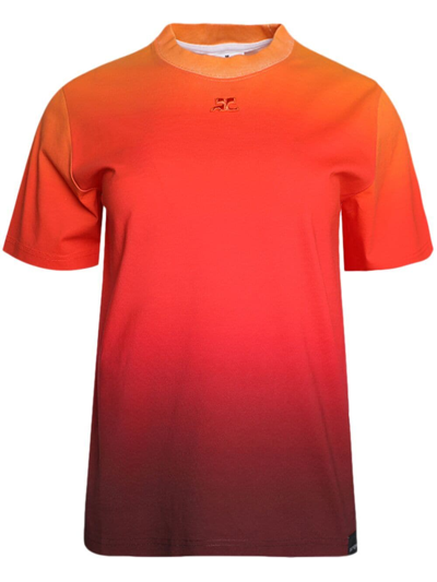 Shop Courrèges Logo-appliqué Gradient-effect T-shirt In Orange