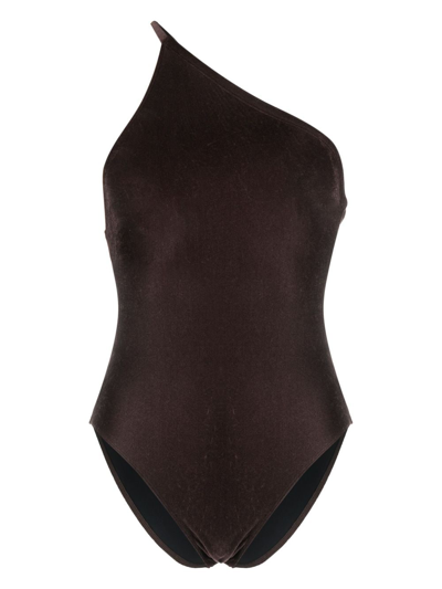 Shop Filippa K Asymmetric One-shoulder Swimsuit In Brown