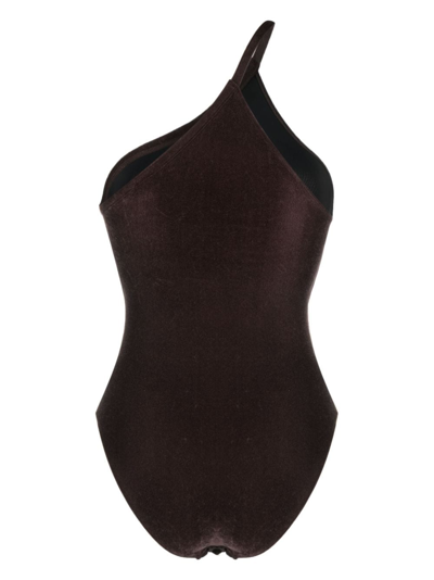 Shop Filippa K Asymmetric One-shoulder Swimsuit In Brown