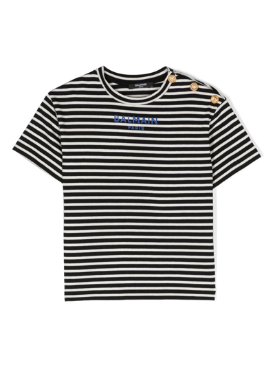 Shop Balmain Logo-print Striped T-shirt In Black