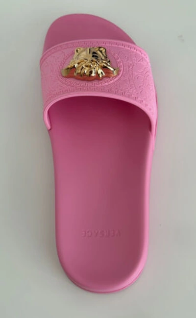 Pre-owned Versace $450  Gold Medusa Head Slides Sandals Flamingo Pink 11 (41) 1004190