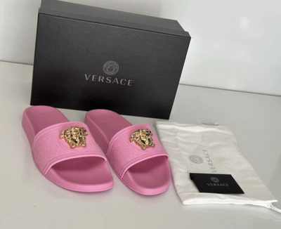 Pre-owned Versace $450  Gold Medusa Head Slides Sandals Flamingo Pink 11 (41) 1004190