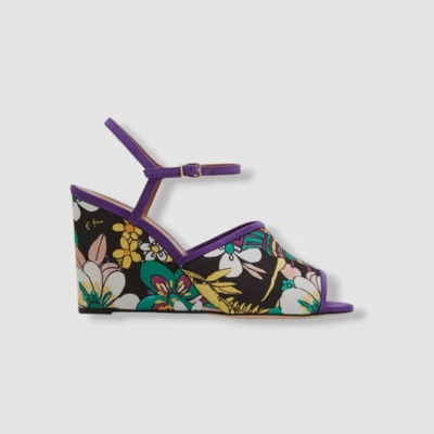 Pre-owned La Doublej $760  Women's Purple Floral Ankle-strap Wedge Sandals Shoes Size 39/9