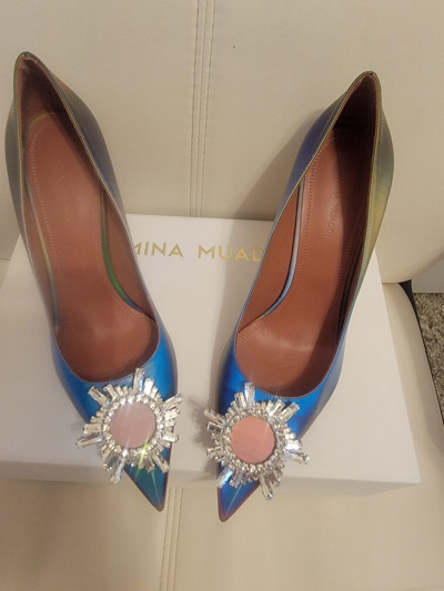 Pre-owned Amina Muaddi Begum Pointed Toe Pumps Shadow Lollipop Women's Size 38 Us 8 In Multicolor