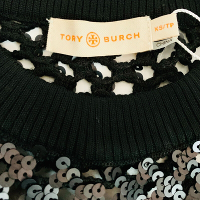 Pre-owned Tory Burch Sequined Merino Wool Lansing Sweater Msrp $698 Xs/tp In Black