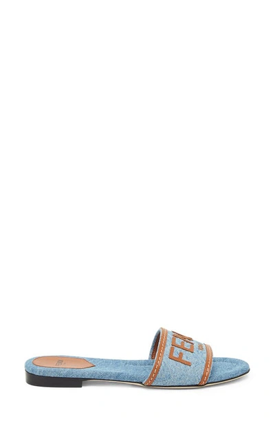 Shop Fendi Signature Logo Denim Slide Sandal In Denim/ Brandy