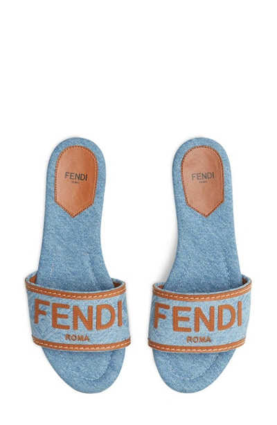 Shop Fendi Signature Logo Denim Slide Sandal In Denim/ Brandy