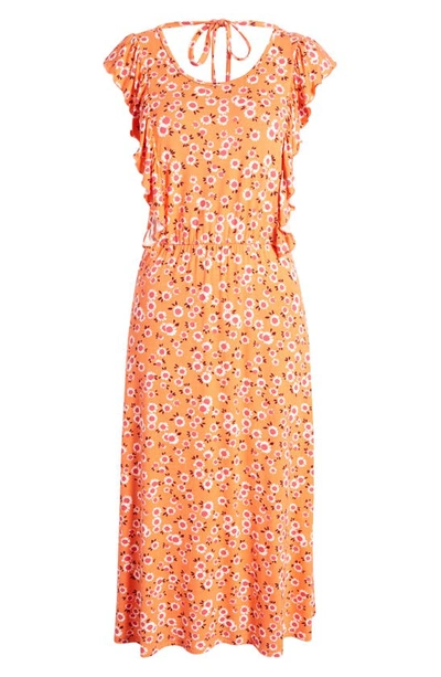 Shop Loveappella Floral Print Flutter Sleeve Dress In Coral