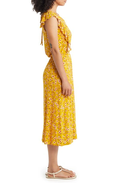 Shop Loveappella Floral Print Flutter Sleeve Dress In Sunflower