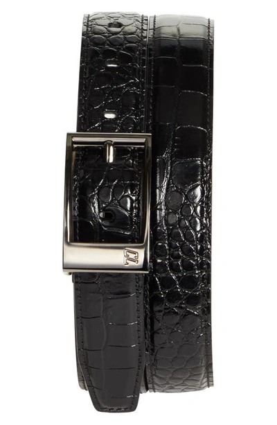 Shop Christian Louboutin Bizbelt Logo Buckle Croc Embossed Calfskin Belt In Black/ Loubi/ Gun Metal