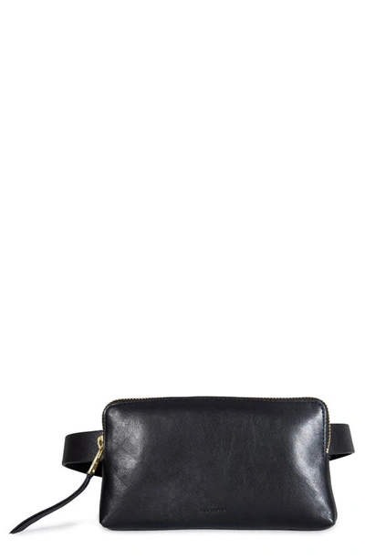 Shop Allsaints Zip Leather Belt Bag In Black Warm Brass
