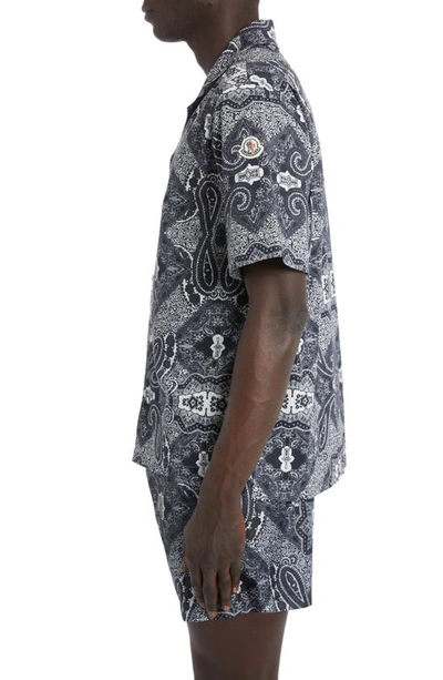 Moncler Bandana Print Stretch Cotton Camp Shirt In Black