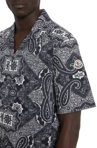 Moncler Bandana Print Stretch Cotton Camp Shirt In Black