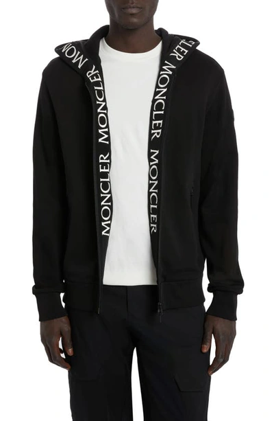 Shop Moncler Logo Tape Cotton Zip Hoodie In Black