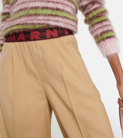 Shop Marni Logo Wool Wide-leg Pants In Beige