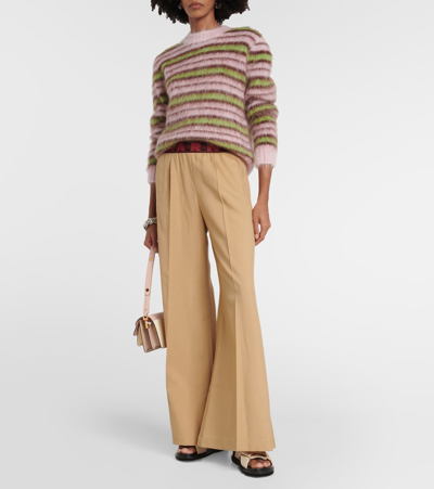 Shop Marni Logo Wool Wide-leg Pants In Beige