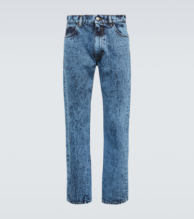 Shop Marni Leather-trimmed Straight Jeans In Blue