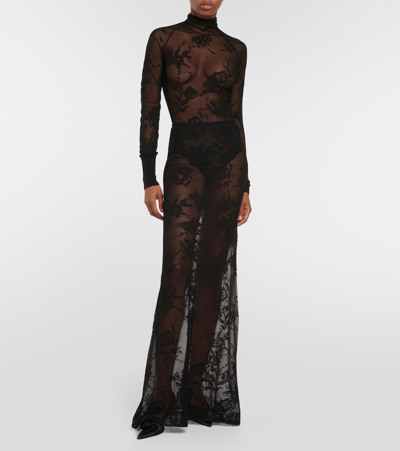 Alaïa Floral Mesh Maxi Skirt In Black