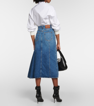 Shop Alexander Mcqueen High-rise Denim Midi Skirt In Blue