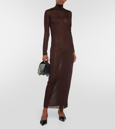 Alaïa High Neck Long Dress In Transparent Voile In Black