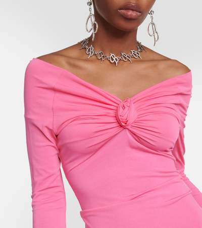 Shop Blumarine Floral-appliqué Off-shoulder Jersey Top In Pink