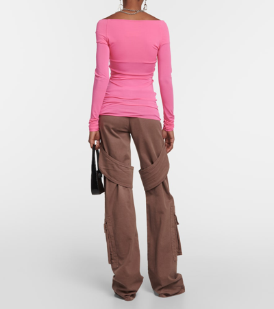 Shop Blumarine Floral-appliqué Off-shoulder Jersey Top In Pink