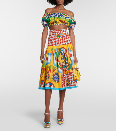 Shop Dolce & Gabbana Printed Pleated Cotton Midi Skirt In Multicoloured