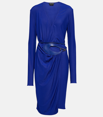 Shop Tom Ford Leather-trimmed Wrap Dress In Blue