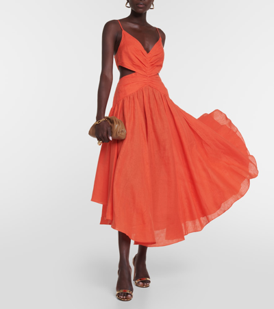 Shop Zimmermann Raie Cutout Linen Midi Dress In Orange