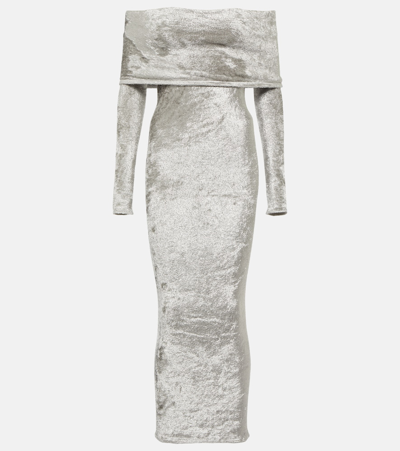 Shop Alaïa Off-shoulder Velvet Midi Dress In Silver