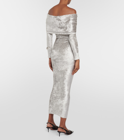 Shop Alaïa Off-shoulder Velvet Midi Dress In Silver