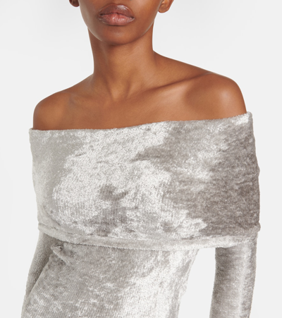 Shop Alaïa Off-shoulder Velvet Midi Dress In Silver